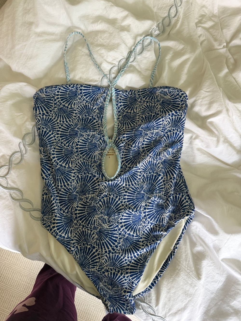 Blue Patterned Women's One-Piece Swimsuit with Keyhole Front